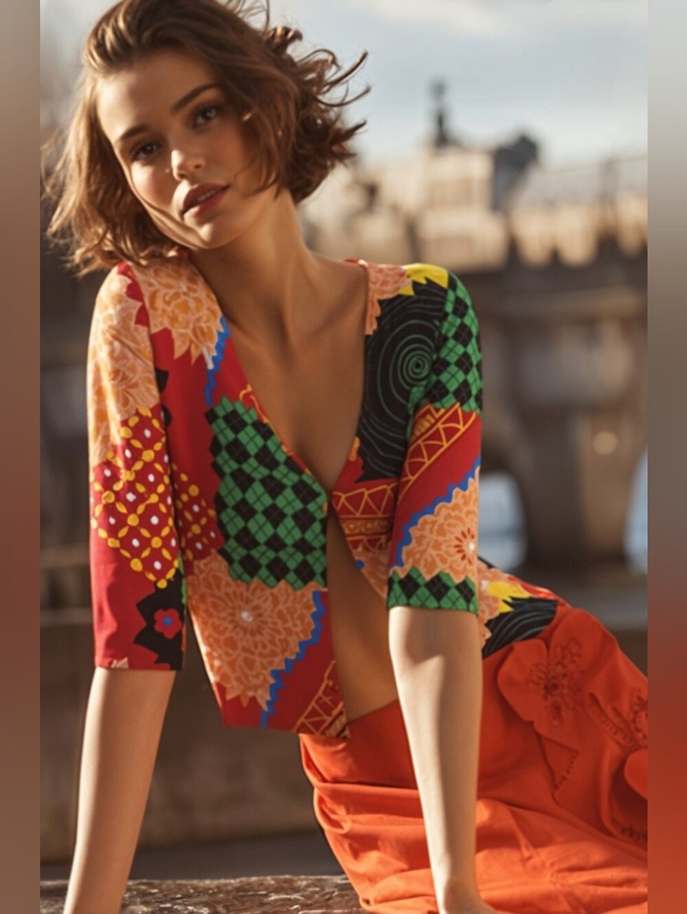 Alberto Makali Vibrant Black And Orange Patchwork Top